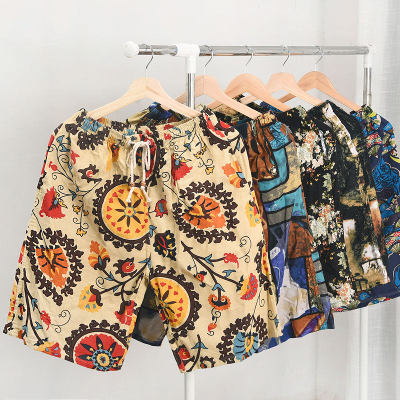 Summer new cotton and linen printed five-point men's beach pants casual sports loose plus size shorts men's thin fashion