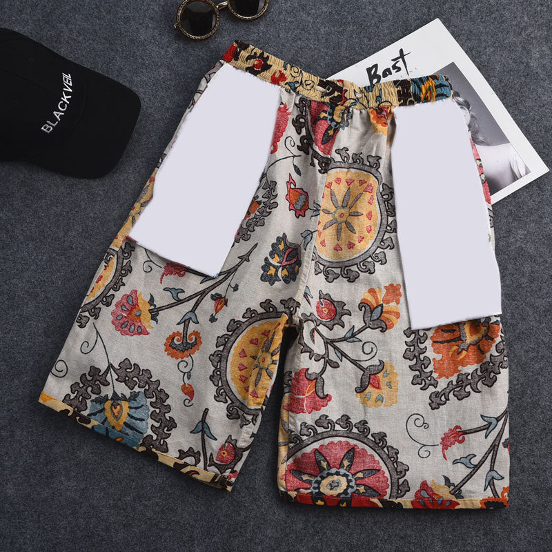 Summer new cotton and linen printed five-point men's beach pants casual sports loose plus size shorts men's thin fashion