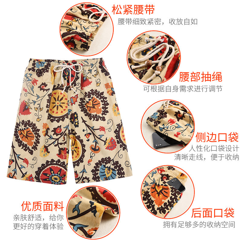 Summer new cotton and linen printed five-point men's beach pants casual sports loose plus size shorts men's thin fashion