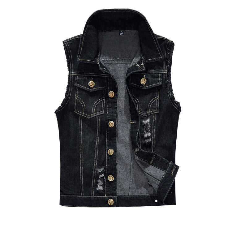 Men's Large Size Black Denim Vest Foreign Trade Men's Vest Vest Ripped Vest Men's Korean Version
