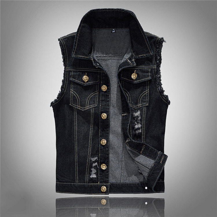 Men's Large Size Black Denim Vest Foreign Trade Men's Vest Vest Ripped Vest Men's Korean Version