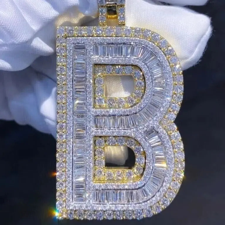 Luxury Hip Hop Style 3Ct Baguette Cut Moissanite Initial 'B' Channel Set VVS1 Pendant 14K Yellow Gold Plated Unisex 925 Sterling