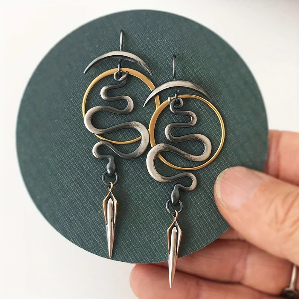 Vintage Silvery Boho Cutout Moon Snake Pattern Fashion Dangle Earrings Simple Women Earrings Valentine's Day Gift