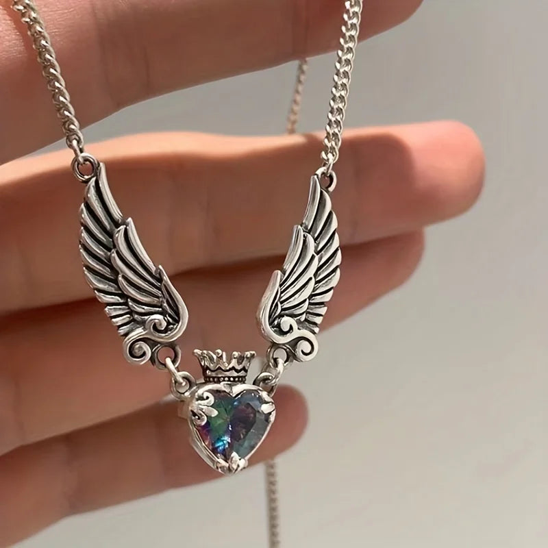 Minimalist Crown & Wing Pendant Sweater Necklace - Unisex Luxury Design With Heart Detail Artificial Crystal