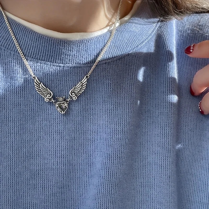 Minimalist Crown & Wing Pendant Sweater Necklace - Unisex Luxury Design With Heart Detail Artificial Crystal