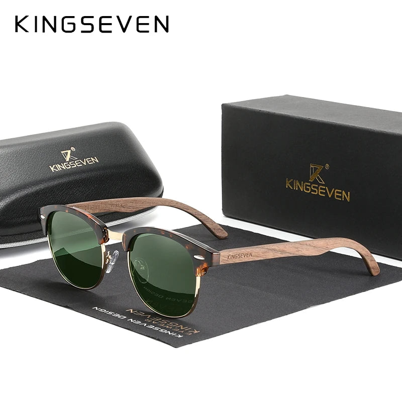 KINGSEVEN 2023 Quality Upgrade Walnut Wooden Sunglasses Men Polarized Semi-Rimless UV400 Protection Retro Eyewear Women Oculos