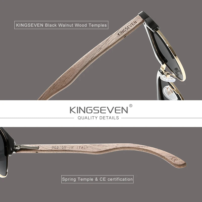 KINGSEVEN 2023 Quality Upgrade Walnut Wooden Sunglasses Men Polarized Semi-Rimless UV400 Protection Retro Eyewear Women Oculos