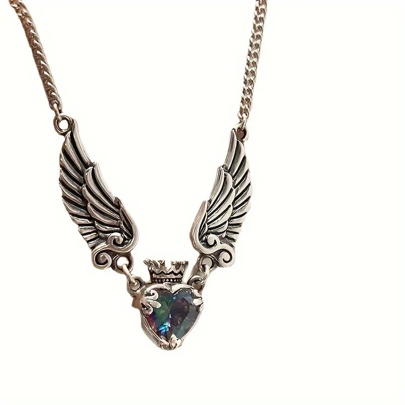 Minimalist Crown & Wing Pendant Sweater Necklace - Unisex Luxury Design With Heart Detail Artificial Crystal
