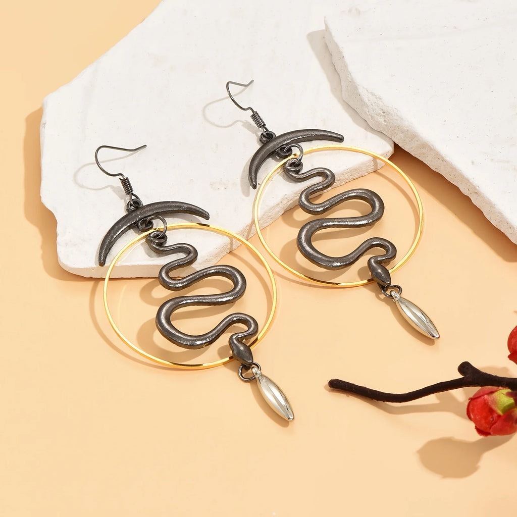 Vintage Silvery Boho Cutout Moon Snake Pattern Fashion Dangle Earrings Simple Women Earrings Valentine's Day Gift