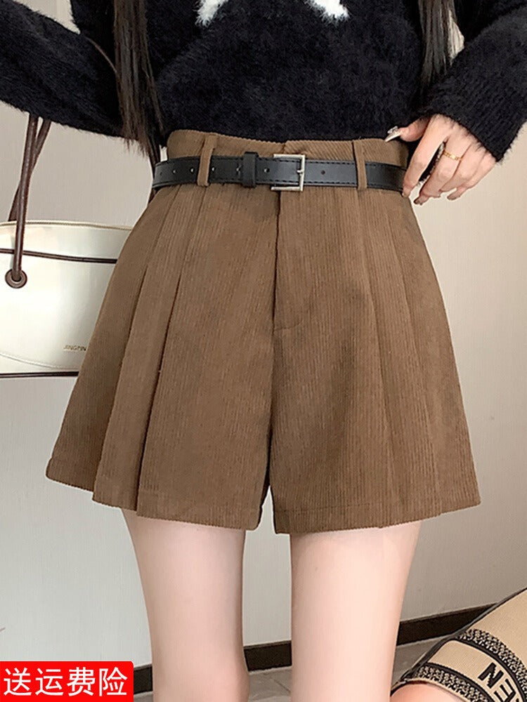 brown Corduroy Shorts Women 2023 Autumn and Winter New High Waist Slimming Pleated Wide Leg Pants Fashion Elegant Casual Pants