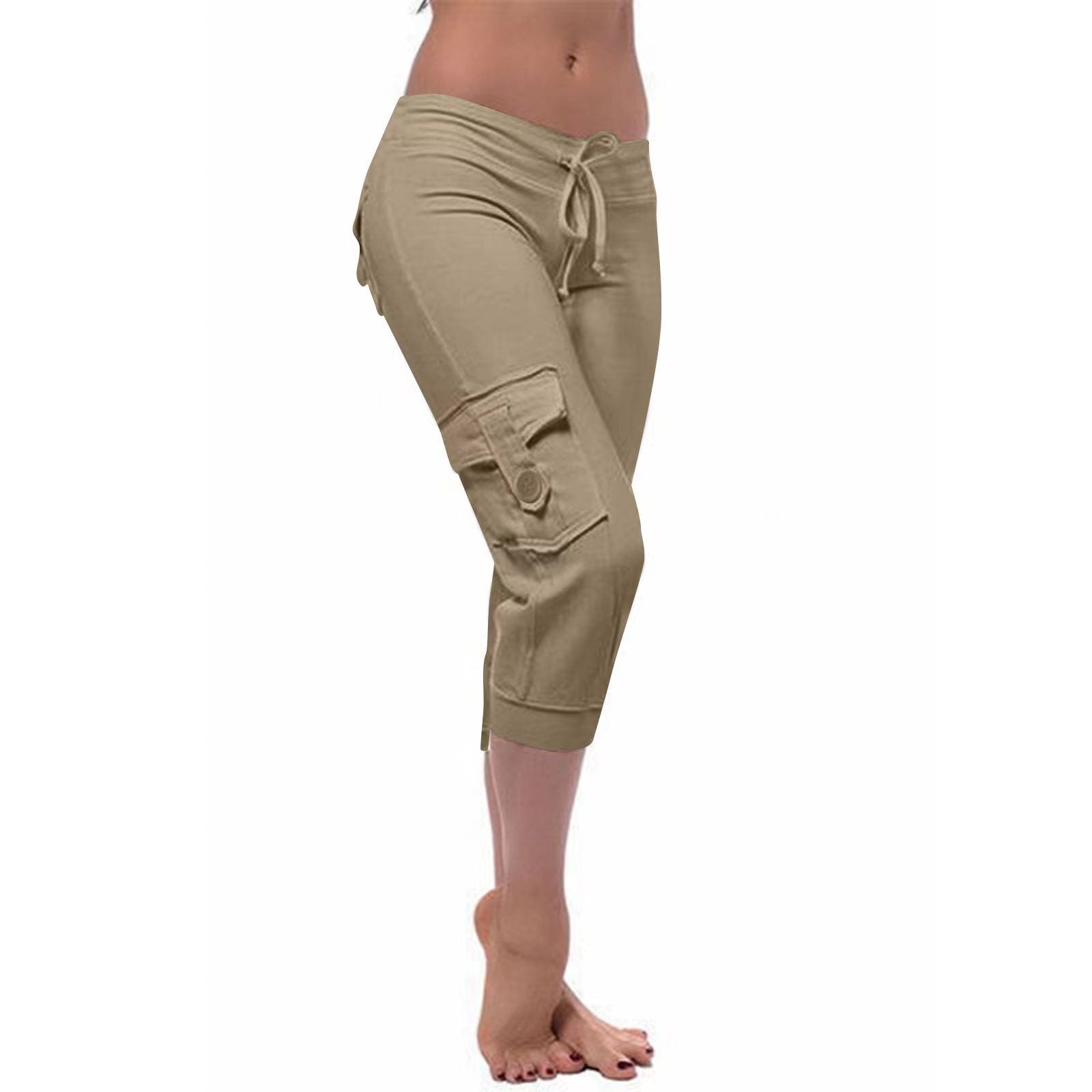 2019 European and American Short Sleeve Elastic Waist Button Multi-Pocket Four-Pocket Yoga Capri Pants Slimming Casual All-Match