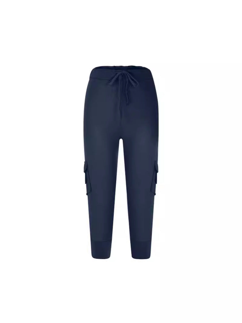 2019 European and American Short Sleeve Elastic Waist Button Multi-Pocket Four-Pocket Yoga Capri Pants Slimming Casual All-Match
