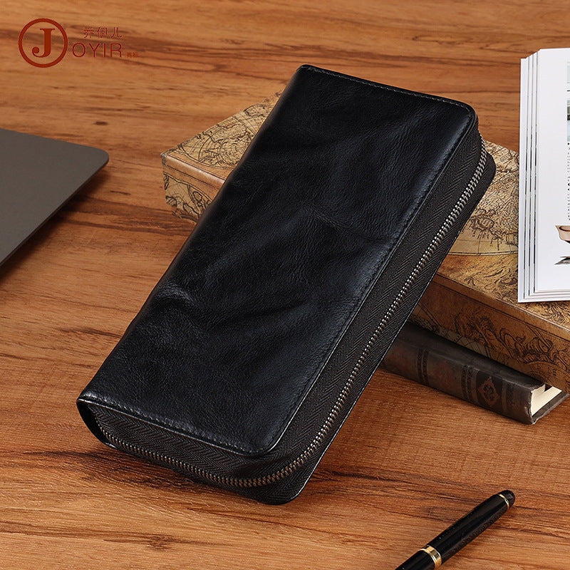 Vegetable Tanned Leather Fashionable Simple Men's Handbag Retro Long Wallet Clutch Bag Genuine Leather Business Clutch Bag Men's Bag