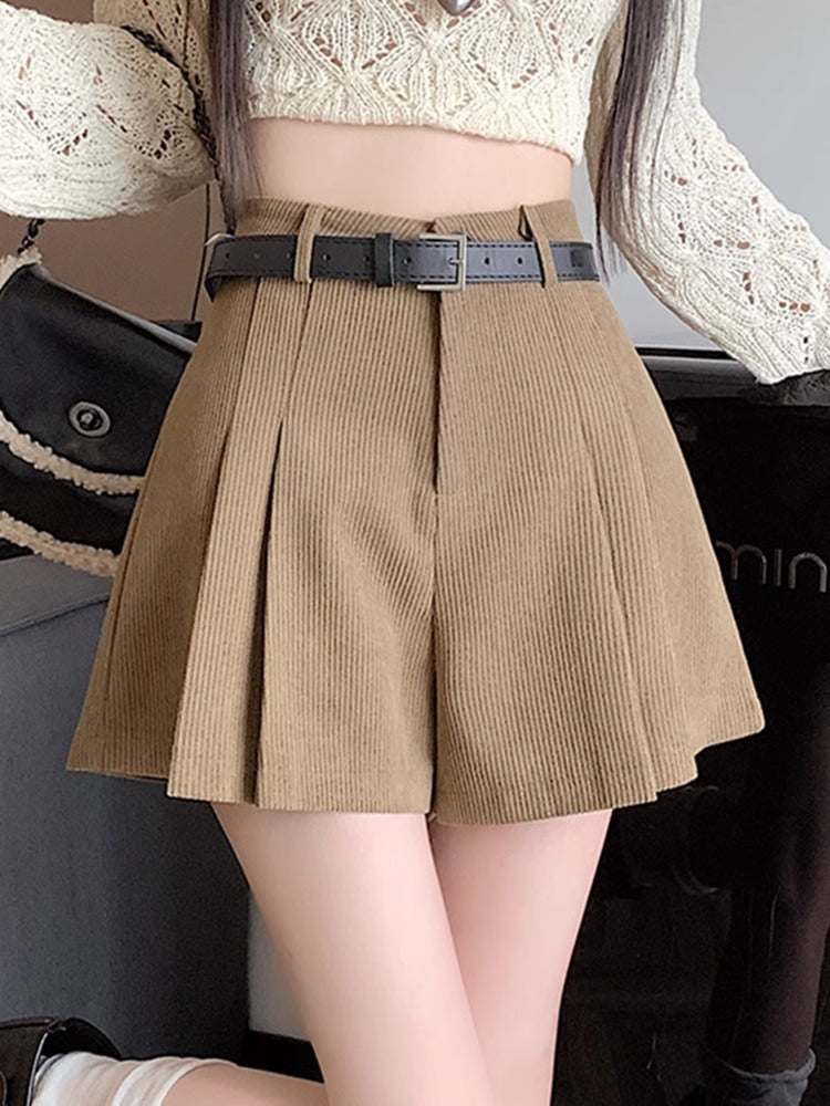 brown Corduroy Shorts Women 2023 Autumn and Winter New High Waist Slimming Pleated Wide Leg Pants Fashion Elegant Casual Pants