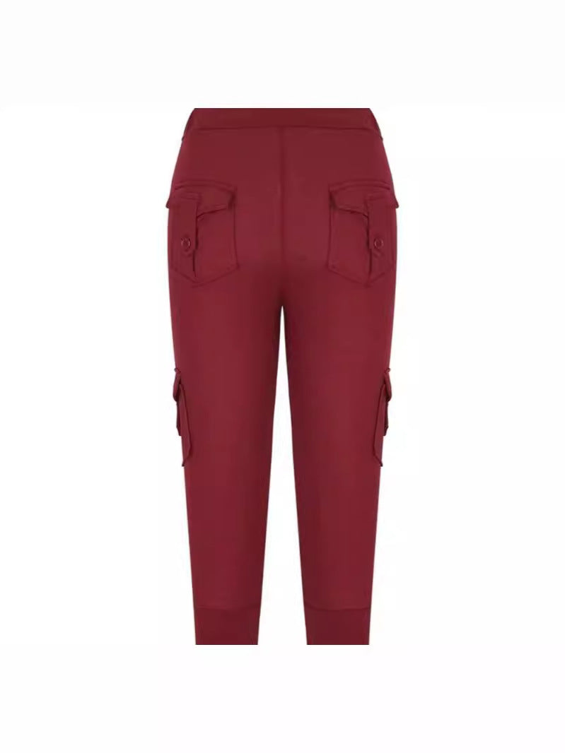 2019 European and American Short Sleeve Elastic Waist Button Multi-Pocket Four-Pocket Yoga Capri Pants Slimming Casual All-Match