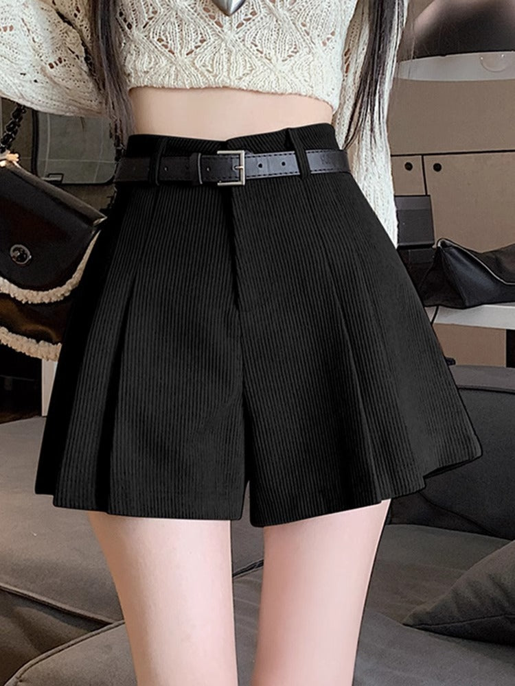 brown Corduroy Shorts Women 2023 Autumn and Winter New High Waist Slimming Pleated Wide Leg Pants Fashion Elegant Casual Pants