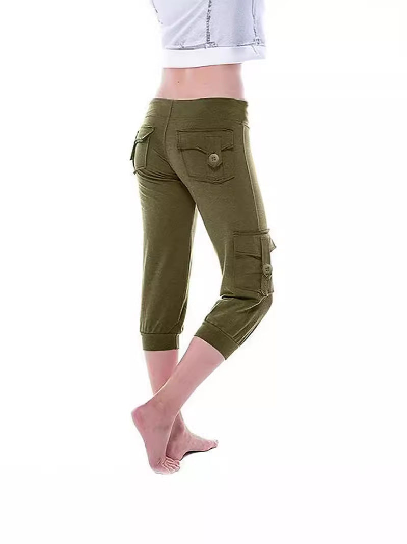 2019 European and American Short Sleeve Elastic Waist Button Multi-Pocket Four-Pocket Yoga Capri Pants Slimming Casual All-Match