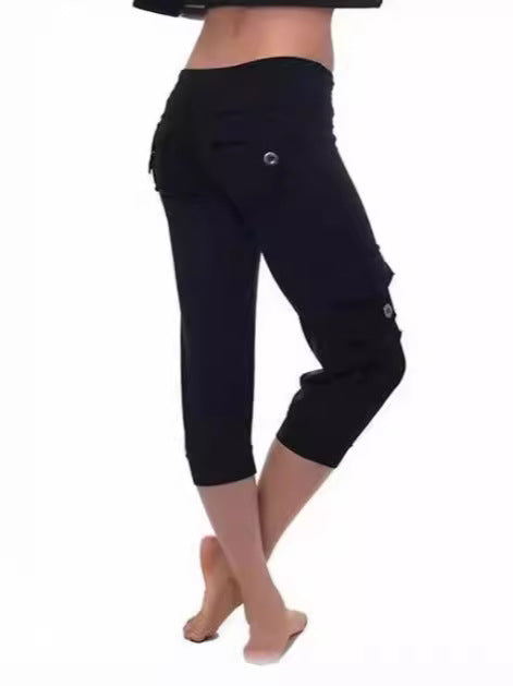 2019 European and American Short Sleeve Elastic Waist Button Multi-Pocket Four-Pocket Yoga Capri Pants Slimming Casual All-Match