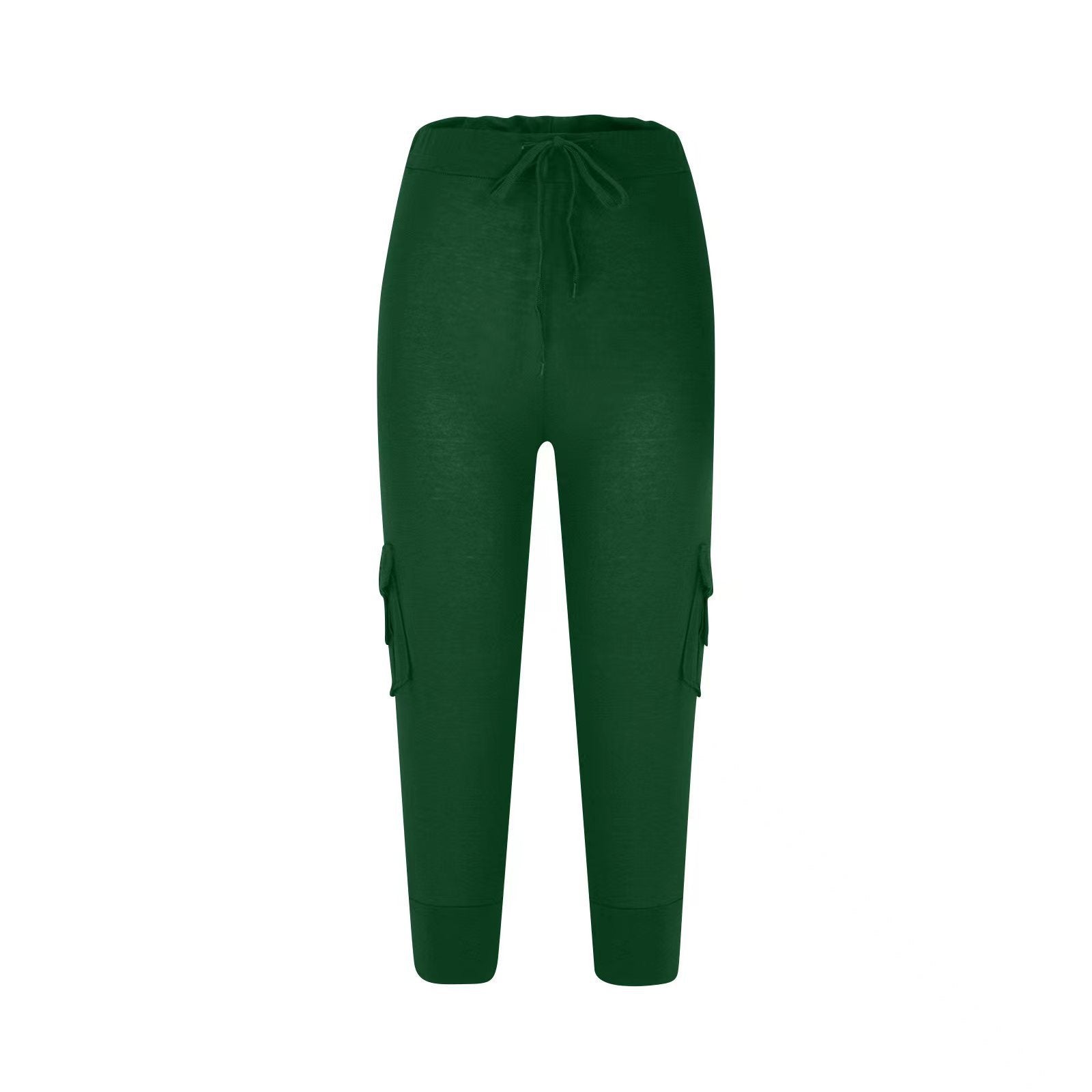 2019 European and American Short Sleeve Elastic Waist Button Multi-Pocket Four-Pocket Yoga Capri Pants Slimming Casual All-Match