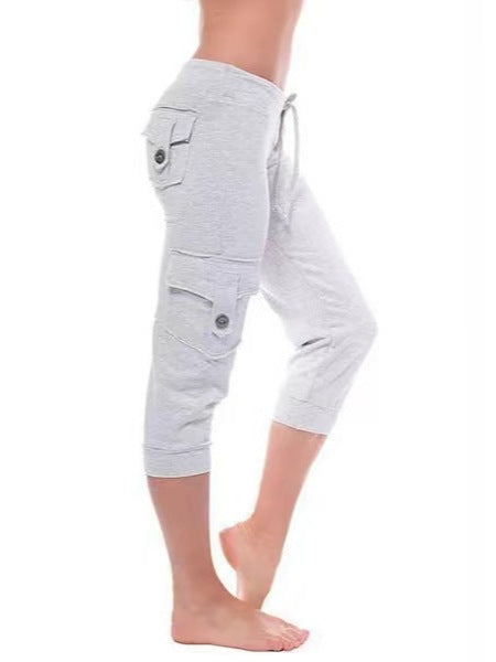 2019 European and American Short Sleeve Elastic Waist Button Multi-Pocket Four-Pocket Yoga Capri Pants Slimming Casual All-Match