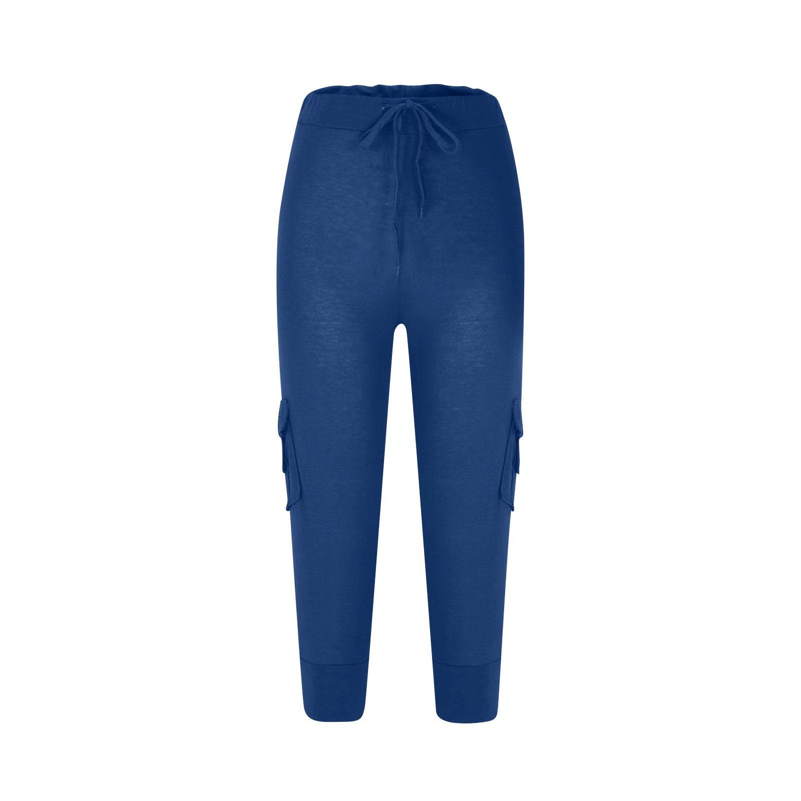 2019 European and American Short Sleeve Elastic Waist Button Multi-Pocket Four-Pocket Yoga Capri Pants Slimming Casual All-Match
