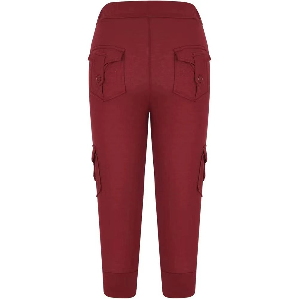2019 European and American Short Sleeve Elastic Waist Button Multi-Pocket Four-Pocket Yoga Capri Pants Slimming Casual All-Match