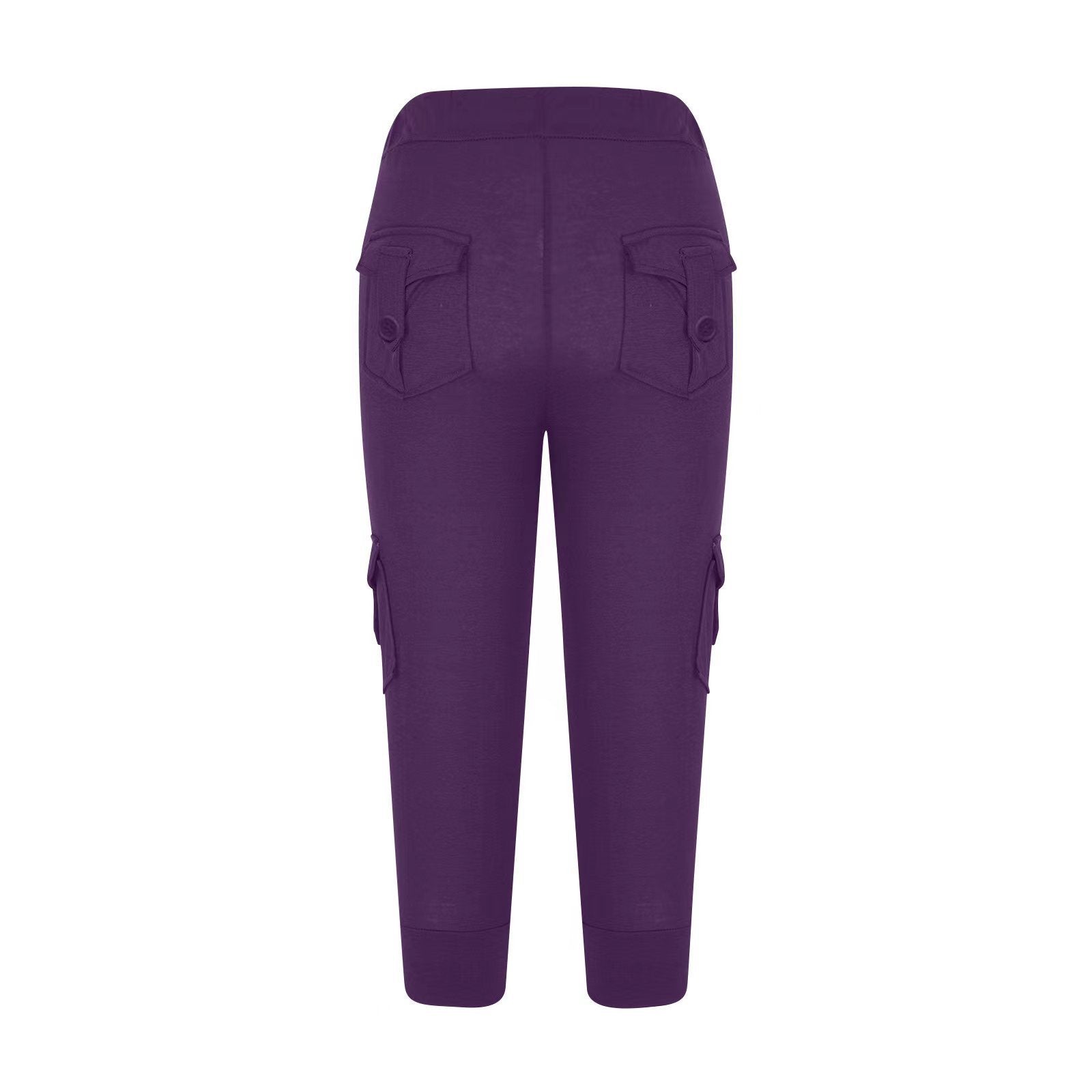 2019 European and American Short Sleeve Elastic Waist Button Multi-Pocket Four-Pocket Yoga Capri Pants Slimming Casual All-Match