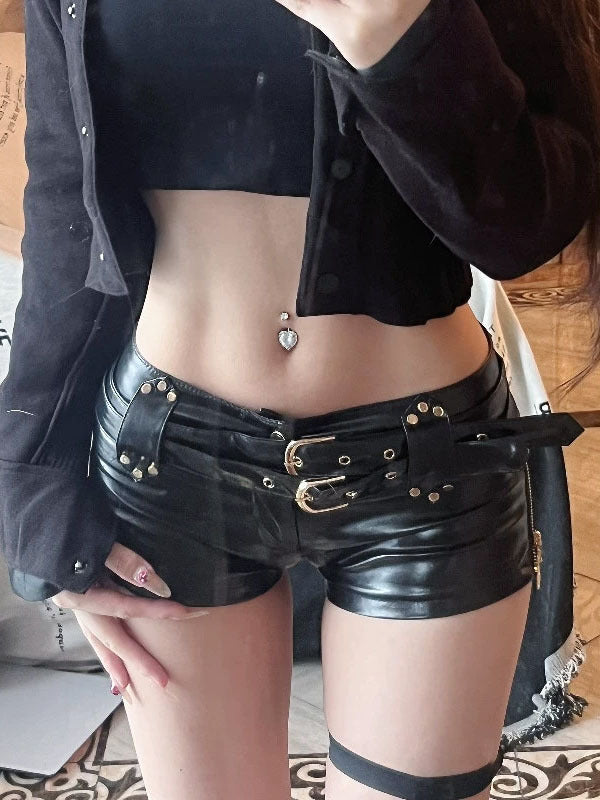 Women's sexy low waist PU leather motorcycle belt Super shorts, European and American Retro nightclub
