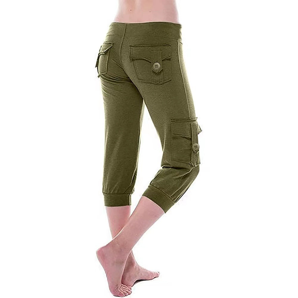 2019 European and American Short Sleeve Elastic Waist Button Multi-Pocket Four-Pocket Yoga Capri Pants Slimming Casual All-Match