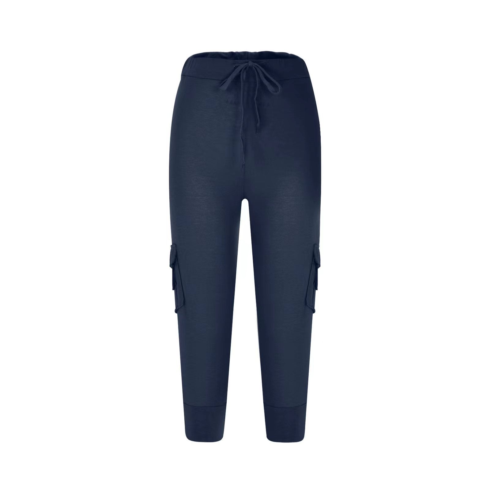 2019 European and American Short Sleeve Elastic Waist Button Multi-Pocket Four-Pocket Yoga Capri Pants Slimming Casual All-Match