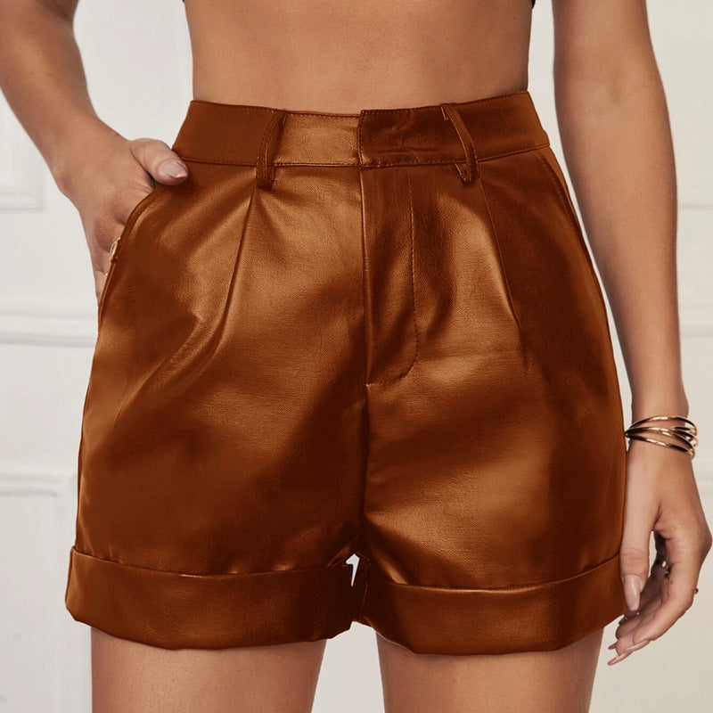 European and American Foreign Trade PU Leather Shorts Women's Outer Wear Cross-border Women's New High-roll Hem Pleated Women's Casual Hip Pants
