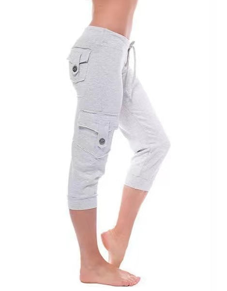 2019 European and American Short Sleeve Elastic Waist Button Multi-Pocket Four-Pocket Yoga Capri Pants Slimming Casual All-Match