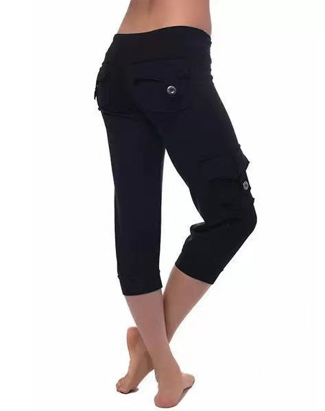 2019 European and American Short Sleeve Elastic Waist Button Multi-Pocket Four-Pocket Yoga Capri Pants Slimming Casual All-Match