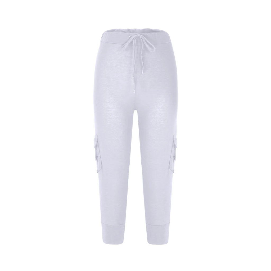 2019 European and American Short Sleeve Elastic Waist Button Multi-Pocket Four-Pocket Yoga Capri Pants Slimming Casual All-Match