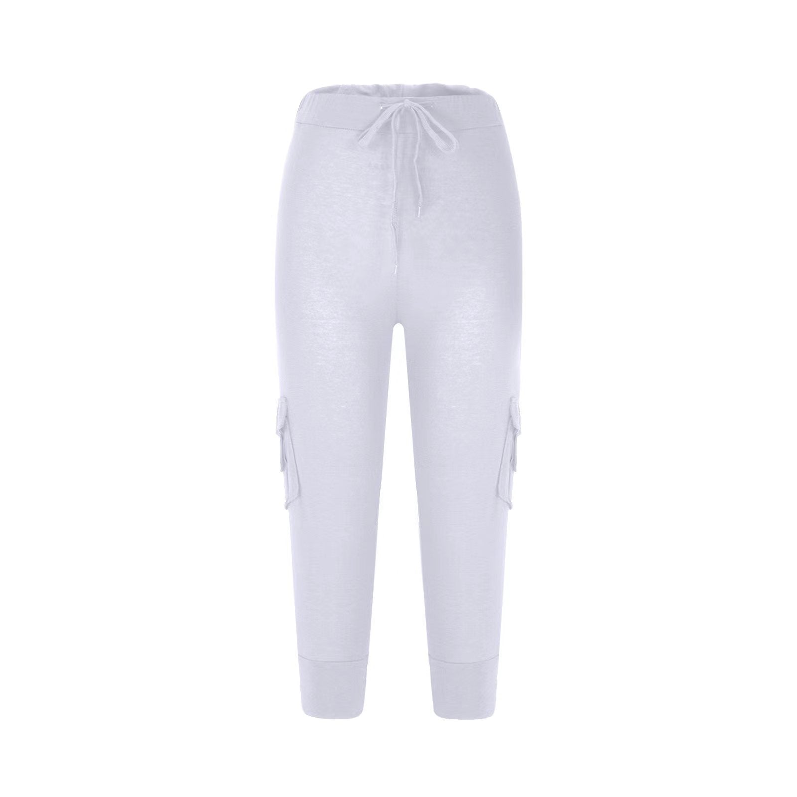 2019 European and American Short Sleeve Elastic Waist Button Multi-Pocket Four-Pocket Yoga Capri Pants Slimming Casual All-Match