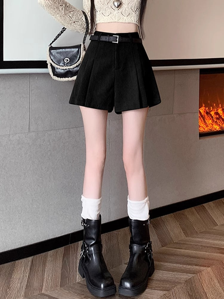 brown Corduroy Shorts Women 2023 Autumn and Winter New High Waist Slimming Pleated Wide Leg Pants Fashion Elegant Casual Pants