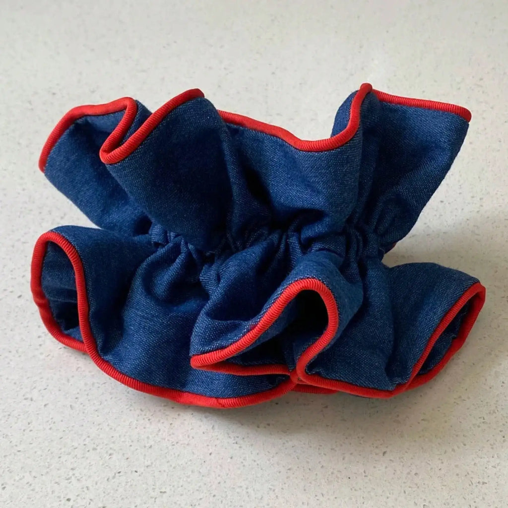 1PC Denim Scrunchies With Red Trim, Stylish Hair Accessories For Women, Cute Hair Ties For Daily And Party Wear