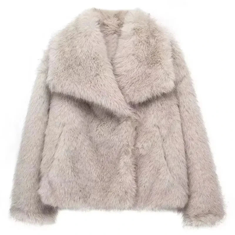 HH Women Fashion Faux Fur Jacket Vintage Turn-Down Collar Long Sleeve Coat Autumn Winter Woman Elegant Streetwear
