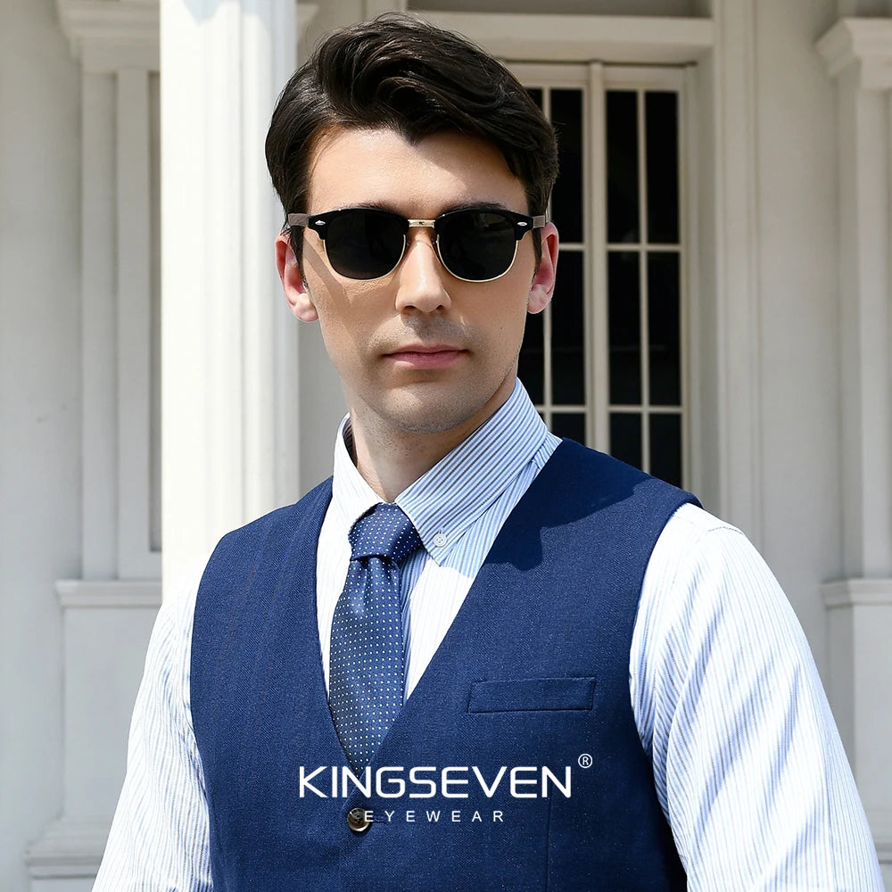 KINGSEVEN 2023 Quality Upgrade Walnut Wooden Sunglasses Men Polarized Semi-Rimless UV400 Protection Retro Eyewear Women Oculos