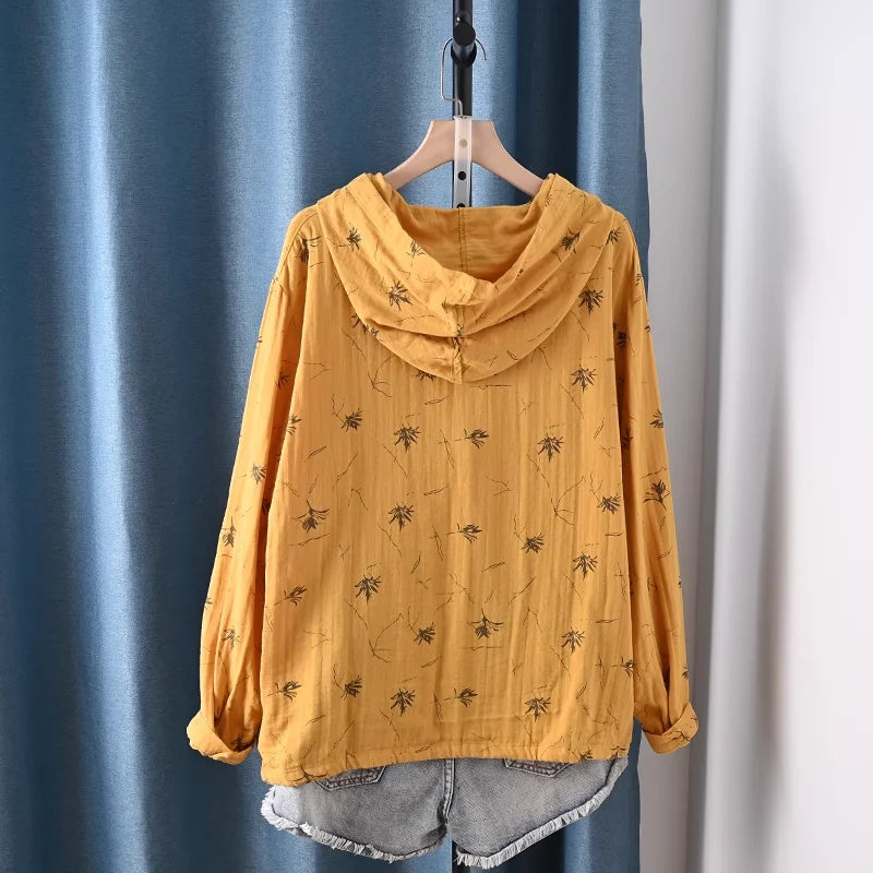 Middle-aged women's clothes 100% cotton yarn hoodies for women spring casual red yellow print hooded shirts and blouses