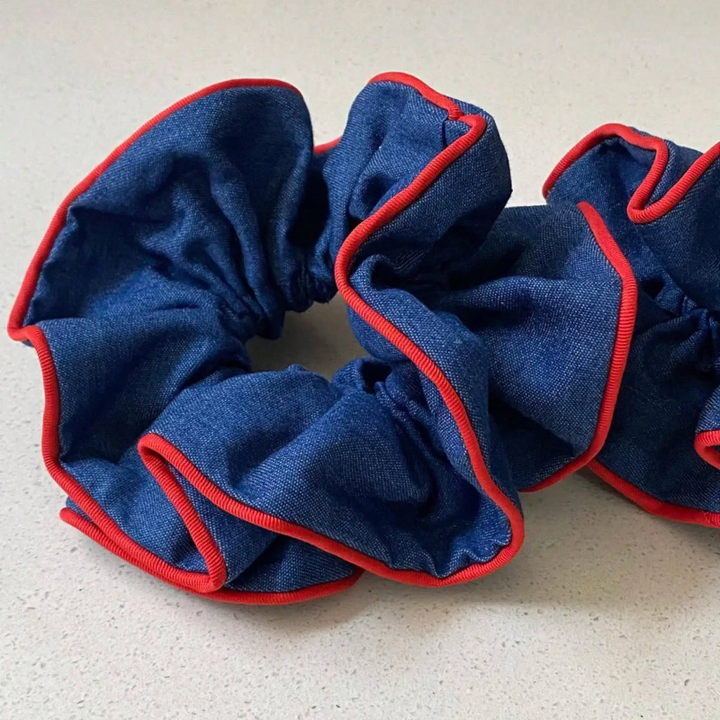1PC Denim Scrunchies With Red Trim, Stylish Hair Accessories For Women, Cute Hair Ties For Daily And Party Wear