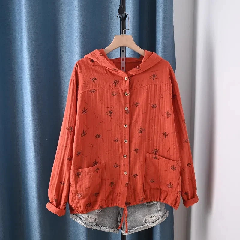 Middle-aged women's clothes 100% cotton yarn hoodies for women spring casual red yellow print hooded shirts and blouses