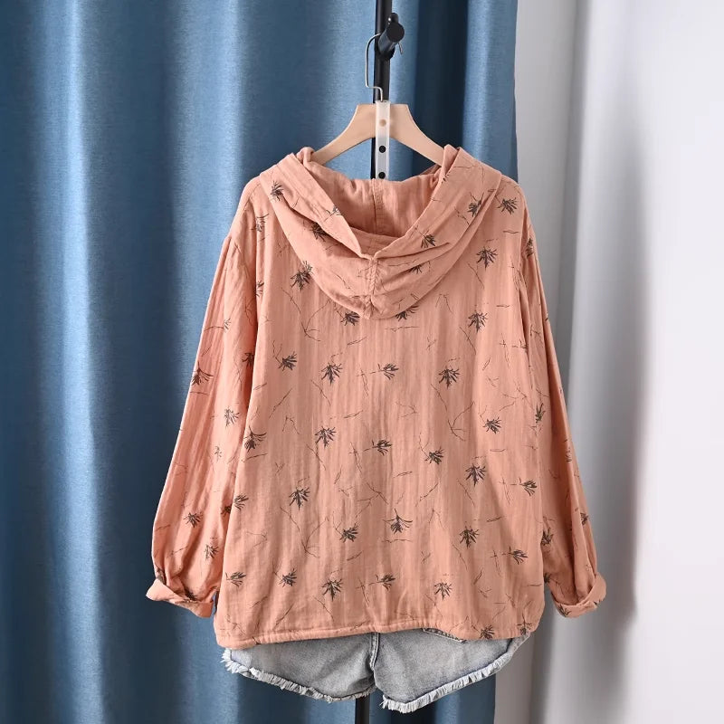 Middle-aged women's clothes 100% cotton yarn hoodies for women spring casual red yellow print hooded shirts and blouses