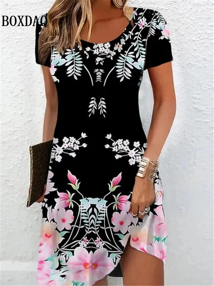 Short Sleeve Summer Dresses Fashion Women's Plus Size Clothing New Women's Dresses Gradient Flower Printing Elegant Casual 2024