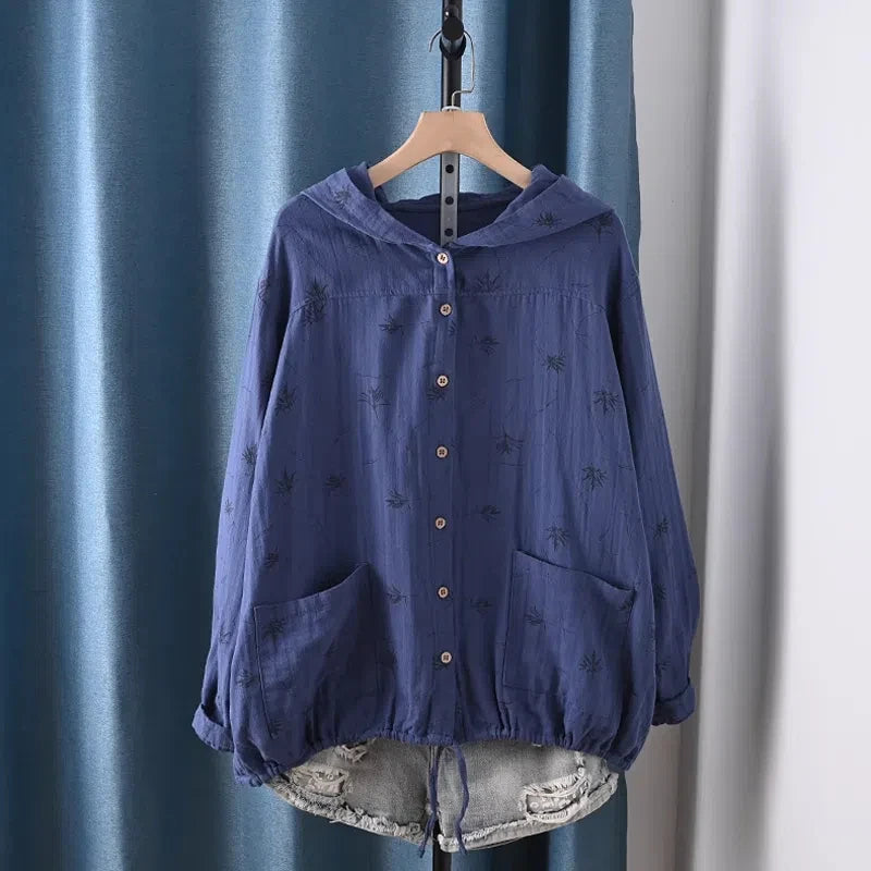 Middle-aged women's clothes 100% cotton yarn hoodies for women spring casual red yellow print hooded shirts and blouses