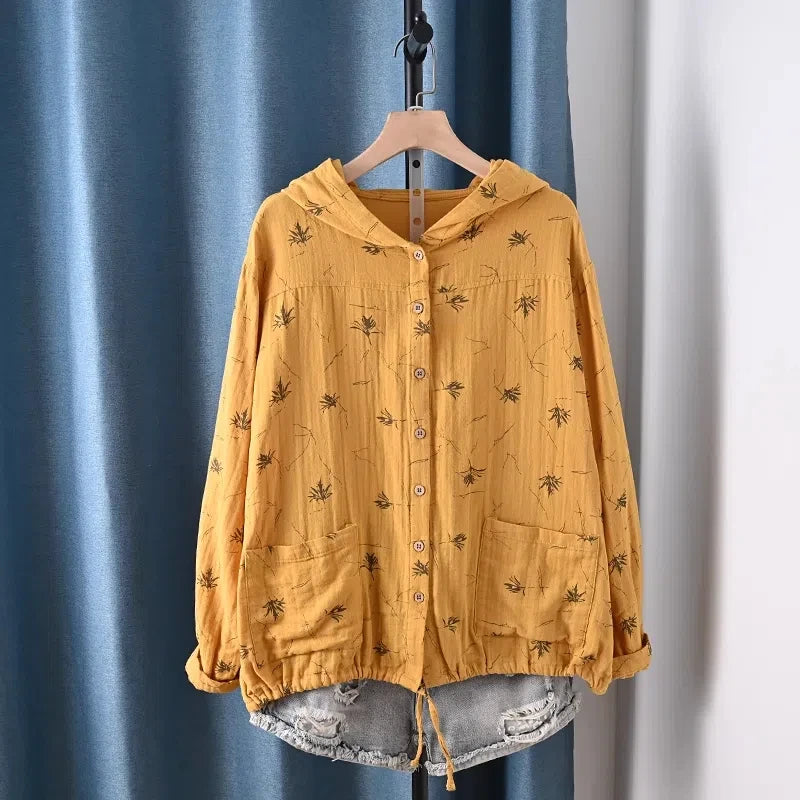 Middle-aged women's clothes 100% cotton yarn hoodies for women spring casual red yellow print hooded shirts and blouses