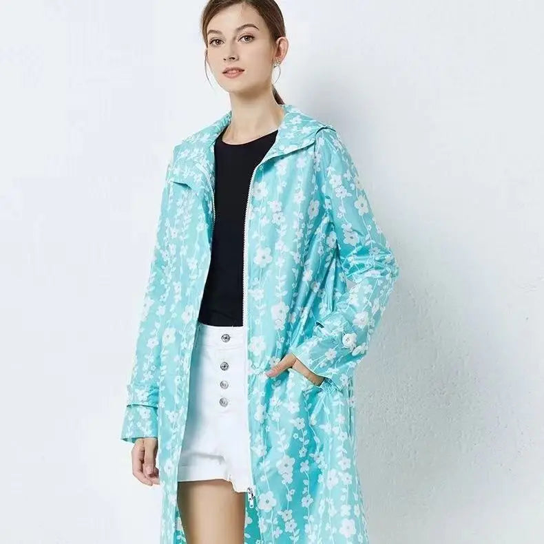 Fashion Women Lightweight Flower Raincoat Poncho Ladies Waterproof Long Rain Coat Adults Outdoor Walking Windproof Rainwear