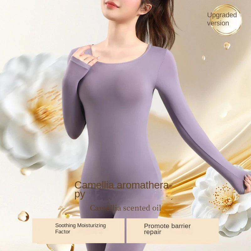 Women's Warm Set, Ultra Thin Warm Underwear, Women's High Elasticity Autumn Clothes, Warm Skincare Clothes, Bottom Shirt