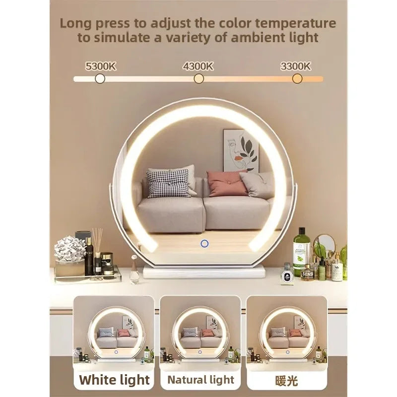 Hot Fashion Bathroom Mirror Rotating Internet Celebrity Cream Wind Semicircular Makeup Mirror Desktop Desktop Led Smart