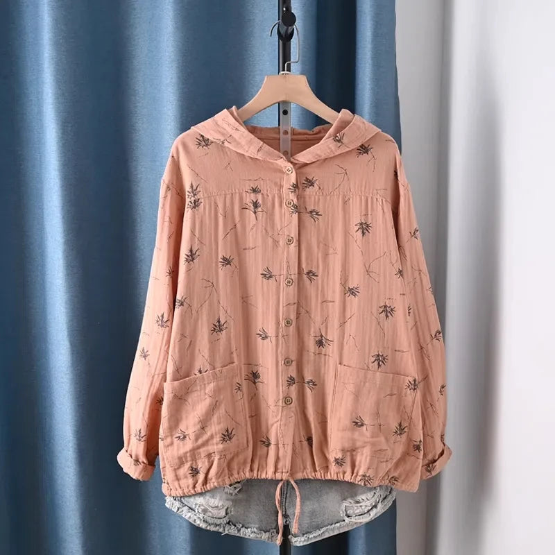 Middle-aged women's clothes 100% cotton yarn hoodies for women spring casual red yellow print hooded shirts and blouses